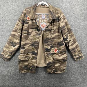 EXPRESS Jacket Womens XS Brown Camo Embroidered Beaded Flowers Grunge 90s Boho